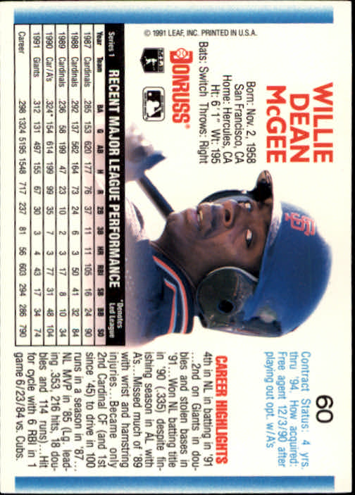 1992 Donruss #60 Willie McGee back image