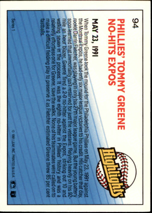 1992 Donruss #94 Tommy Greene HL back image