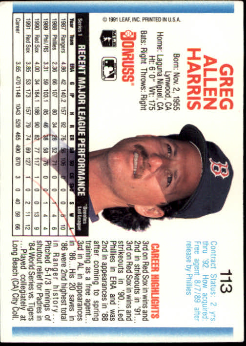 1992 Donruss #113 Greg A. Harris back image