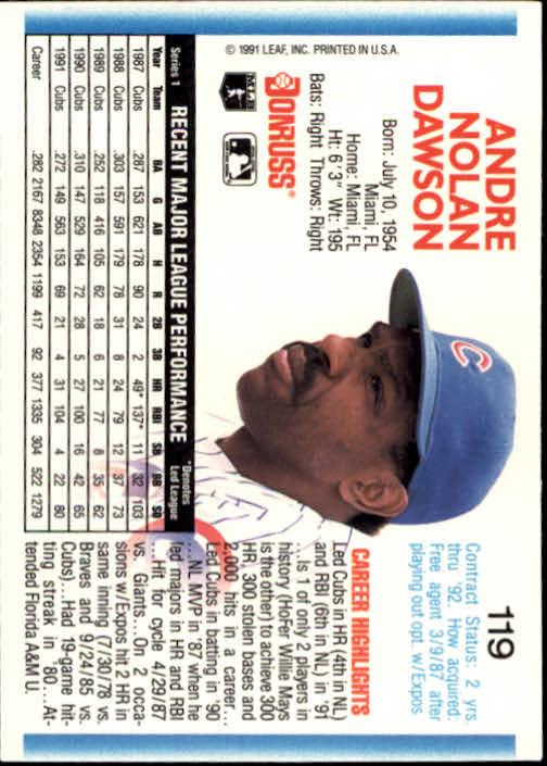 1992 Donruss #119 Andre Dawson back image
