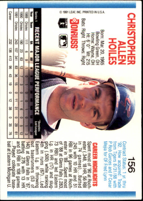 1992 Donruss #156 Chris Hoiles back image