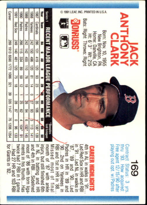 1992 Donruss #169 Jack Clark back image