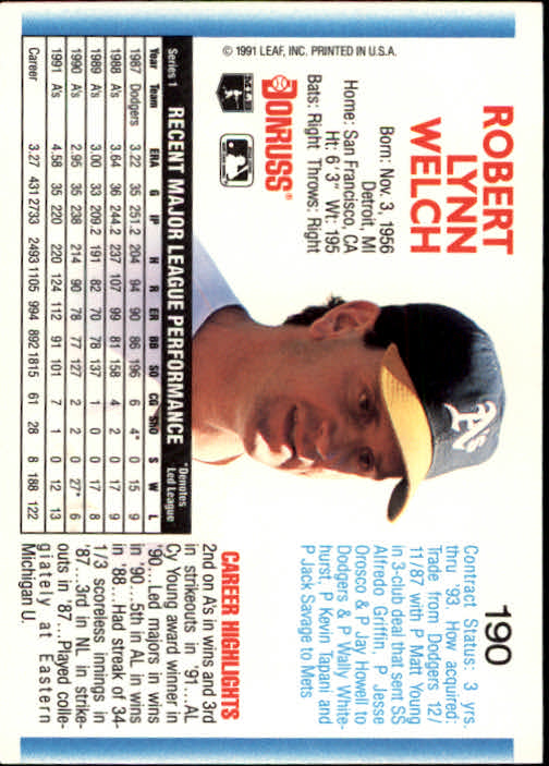 1992 Donruss #190 Bob Welch back image