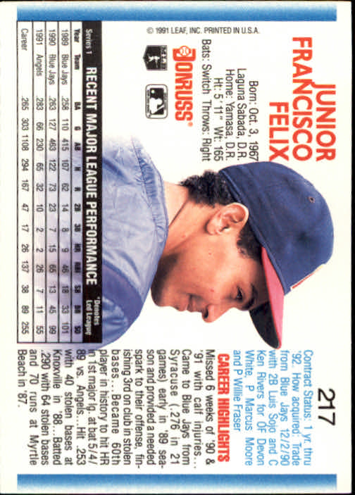 1992 Donruss #217 Junior Felix back image