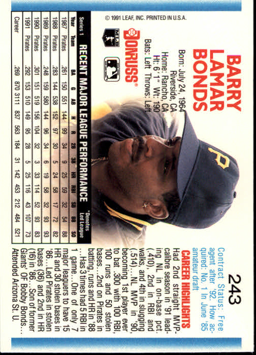 1992 Donruss #243 Barry Bonds back image