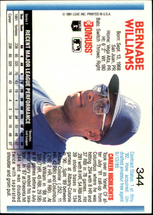 1992 Donruss #344 Bernie Williams back image