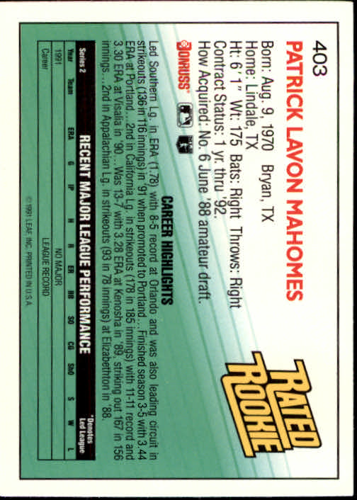  1992 Donruss #403 Pat Mahomes RR NM-MT RC Rookie