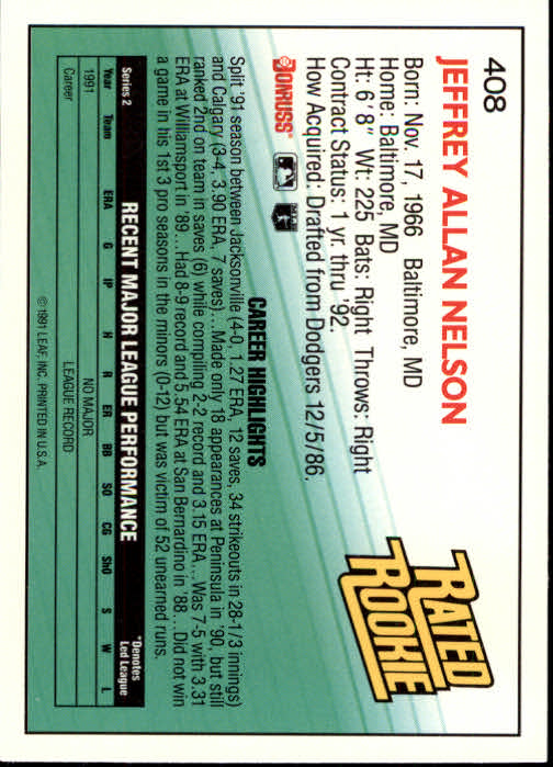 1992 Donruss #408 Jeff Nelson RR RC back image