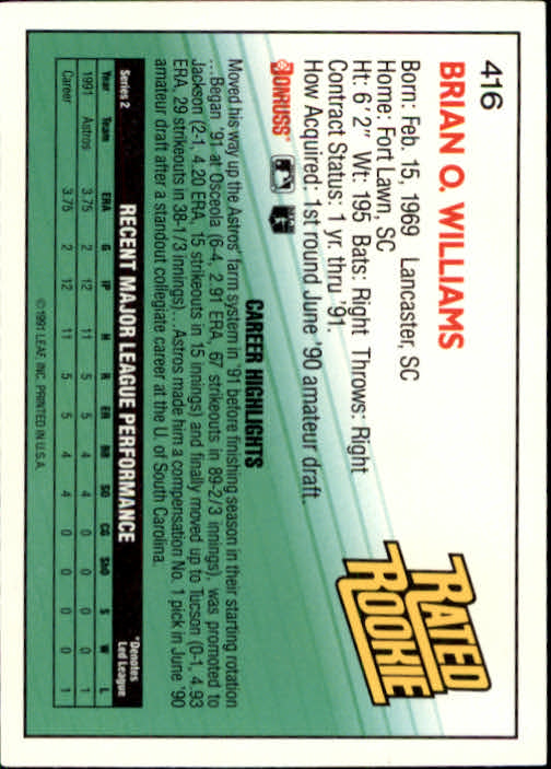 1992 Donruss #416 Brian Williams RR RC back image