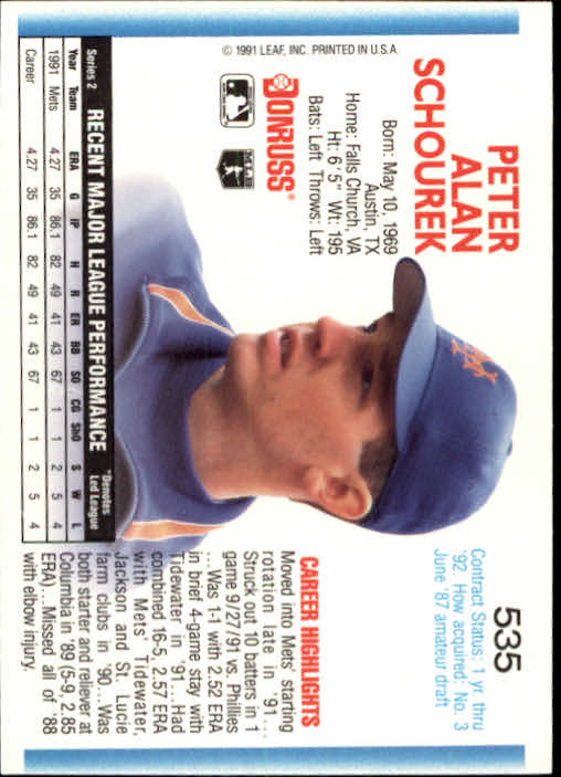 1992 Donruss #535 Pete Schourek back image