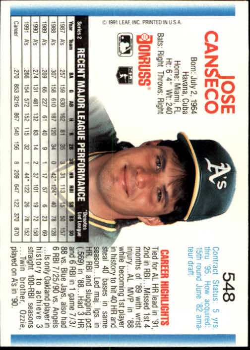 1992 Donruss #548 Jose Canseco back image