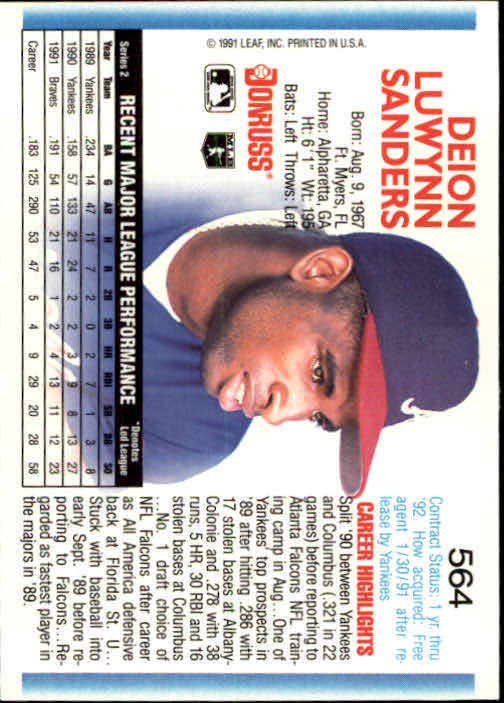 Deion Sanders - Braves #564 Donruss 1992 Baseball Trading Card