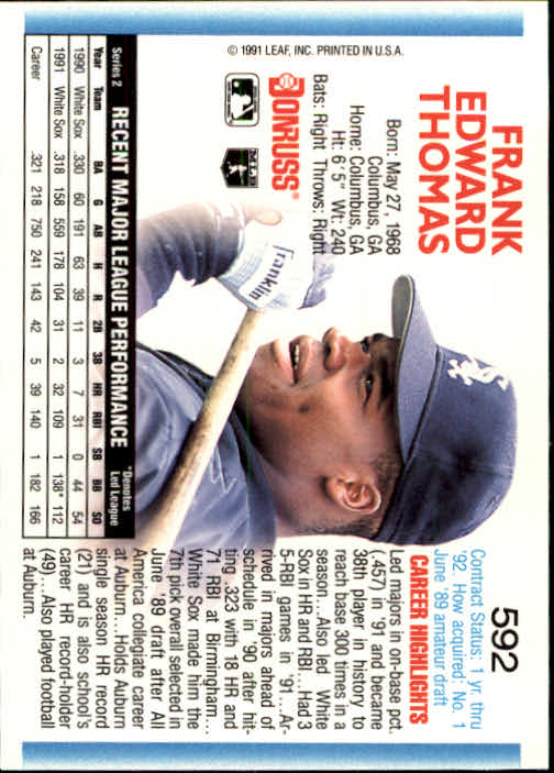 1992 Donruss #592 Frank Thomas back image