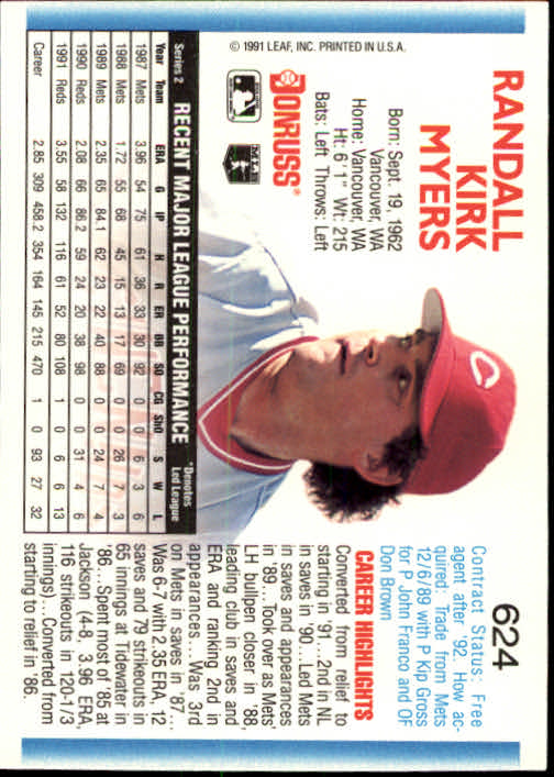 1992 Donruss #624 Randy Myers back image