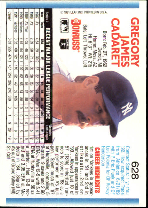 1992 Donruss #628 Greg Cadaret back image