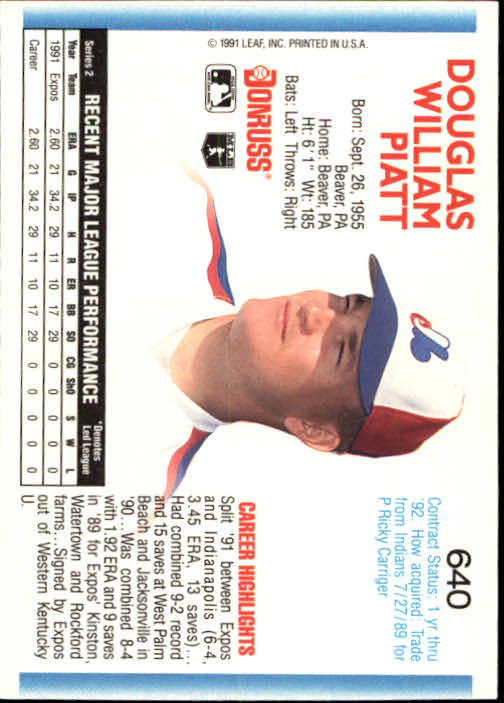 1992 Donruss #640 Doug Piatt UER/(Not born in 1955 as/on card; inc back image