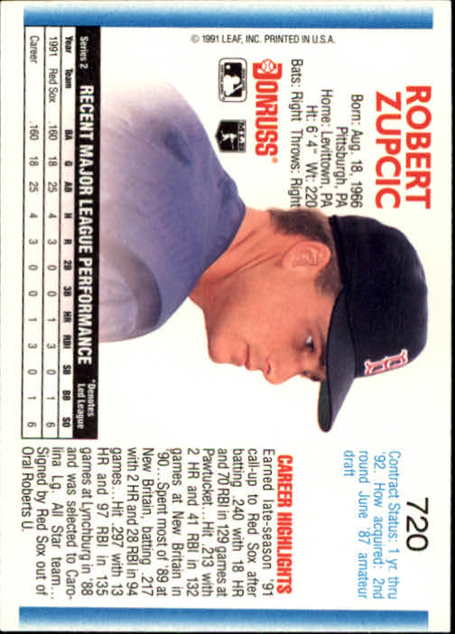 1992 Donruss #720 Bob Zupcic RC back image
