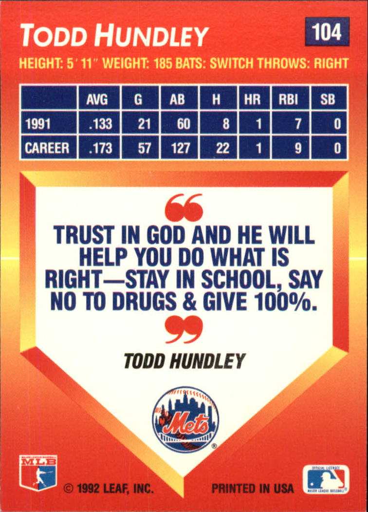 1992 Triple Play #104 Todd Hundley back image