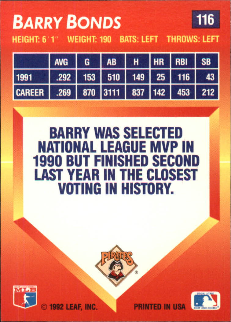 1992 Triple Play #116 Barry Bonds back image