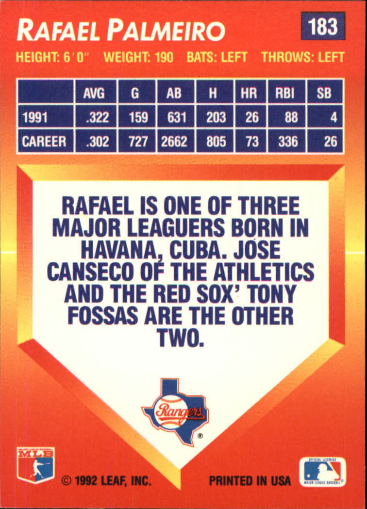 1992 Triple Play #183 Rafael Palmeiro back image