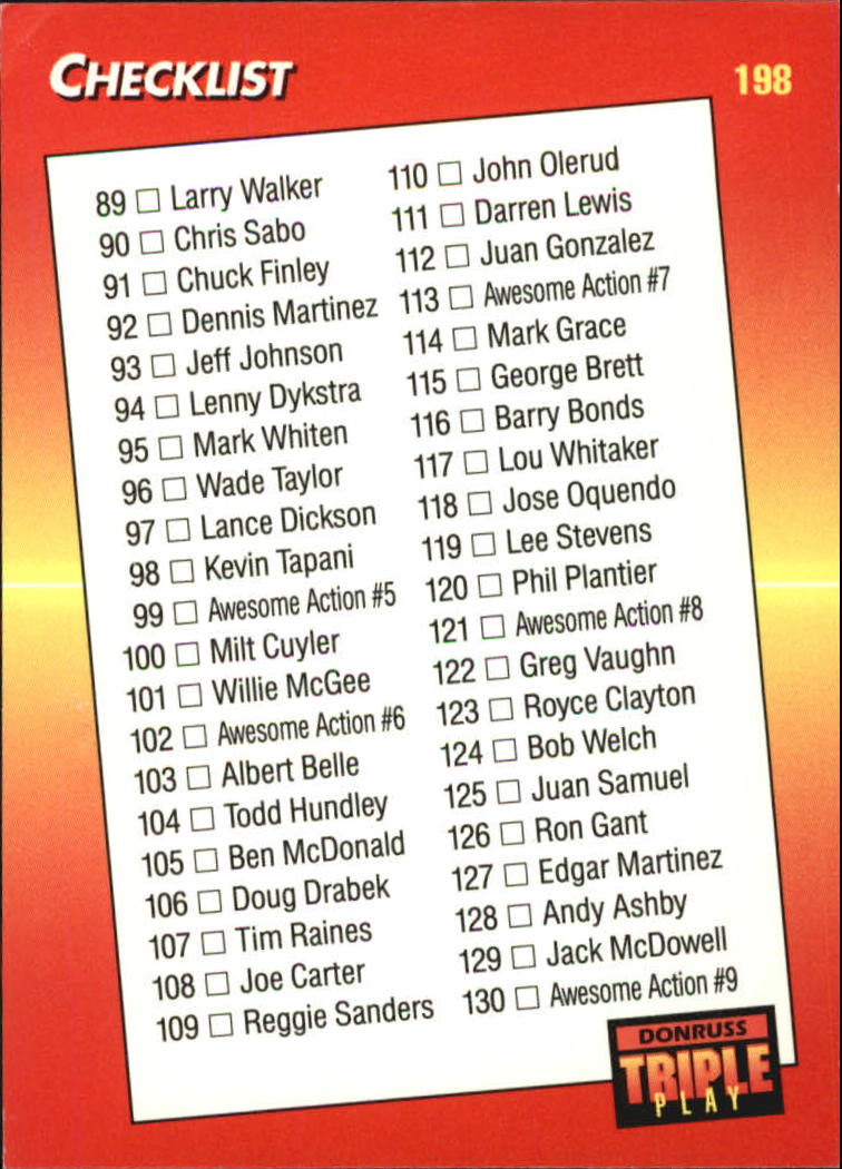 1992 Triple Play (Donruss) Baseball "Main Set" Cards #151 to #264 - Picture 97 of 229