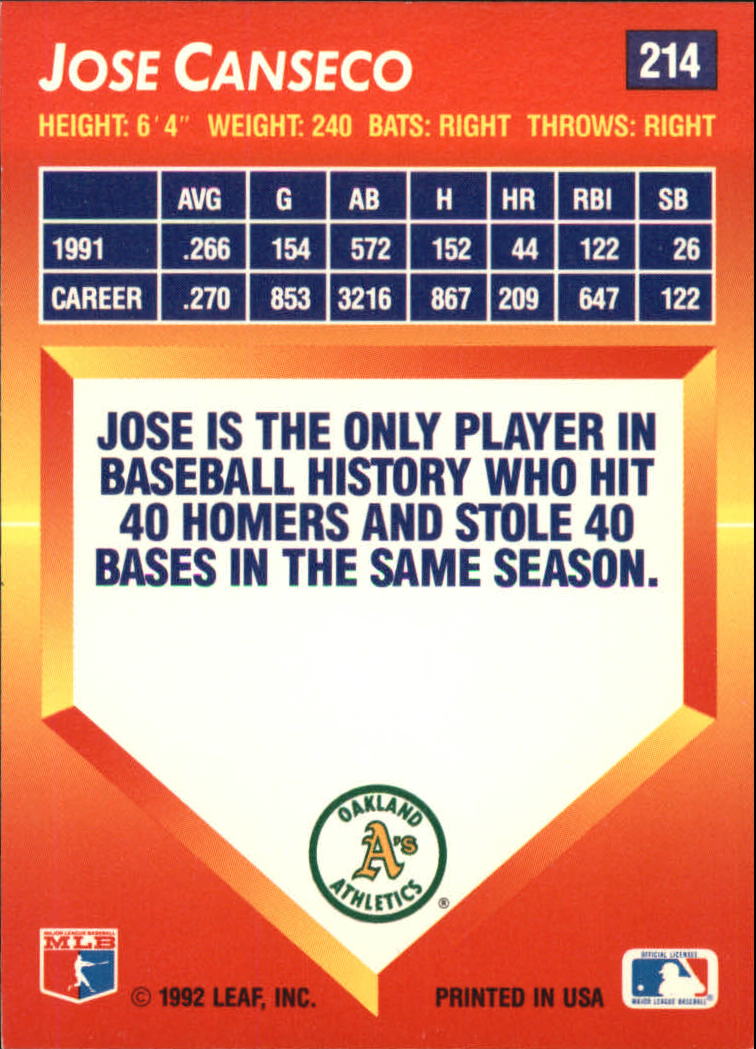 1992 Triple Play #214 Jose Canseco back image