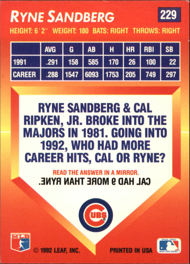 1992 Triple Play #229 Ryne Sandberg back image