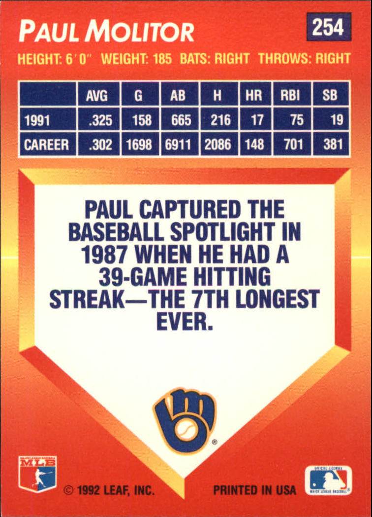 1992 Triple Play #254 Paul Molitor back image
