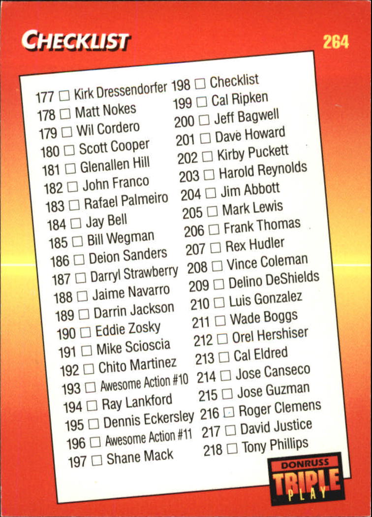 1992 Triple Play (Donruss) Baseball "Main Set" Cards #151 to #264 - Picture 229 of 229