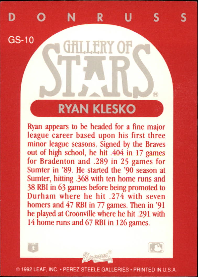 1992 Triple Play Gallery #GS10 Ryan Klesko back image