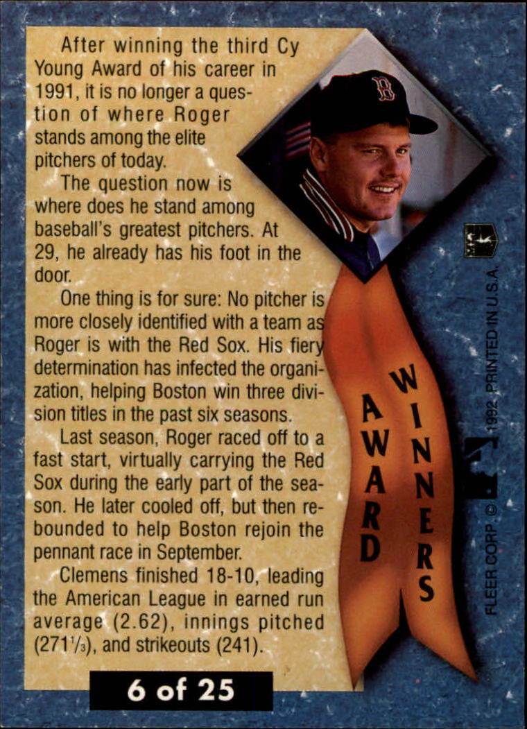 1992 Ultra Award Winners #6 Roger Clemens back image