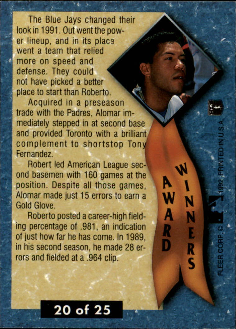 1992 Ultra Award Winners #20 Roberto Alomar back image