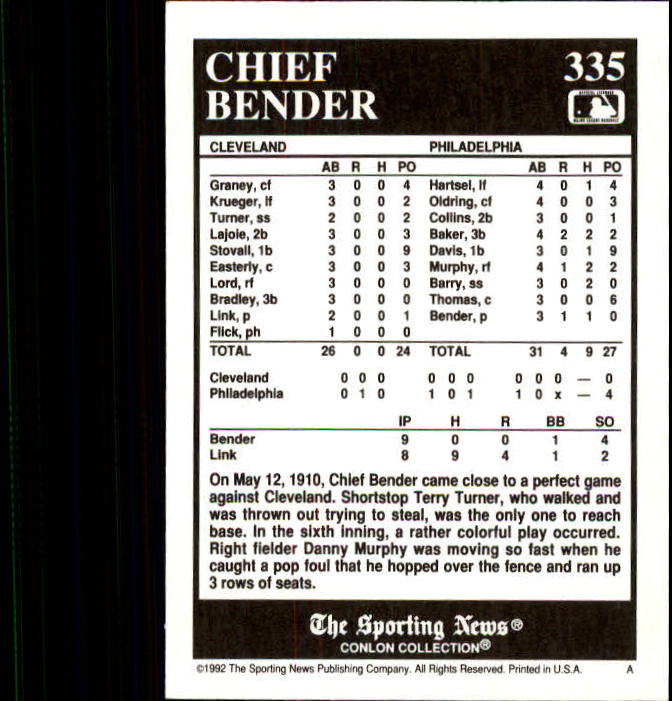 1992 Conlon TSN #335 Chief Bender back image