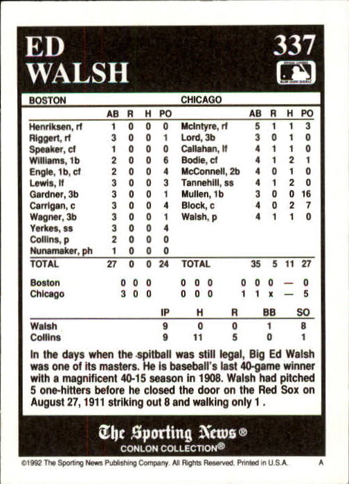 1992 Conlon TSN #337 Ed Walsh back image