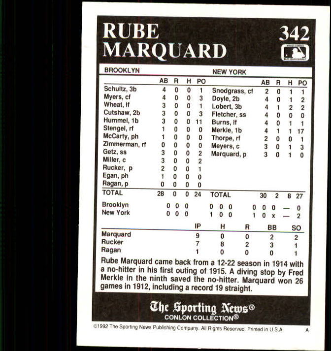 1992 Conlon TSN #342 Rube Marquard back image