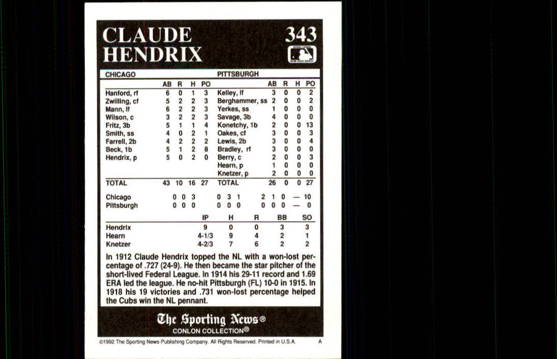 1992 Conlon TSN #343 Claude Hendrix back image