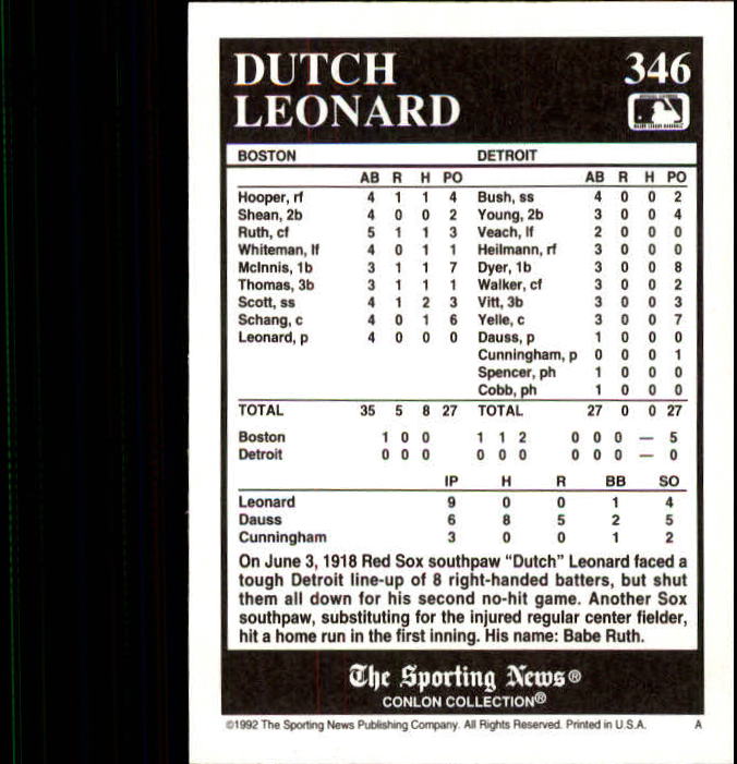 1992 Conlon TSN #346 Dutch Leonard back image