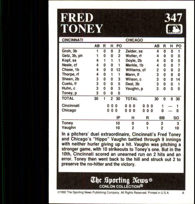 1992 Conlon TSN #347 Fred Toney back image