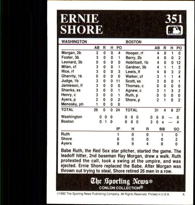 1992 Conlon TSN #351 Ernie Shore back image