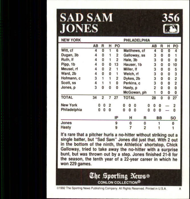 1992 Conlon TSN #356 Sad Sam Jones back image