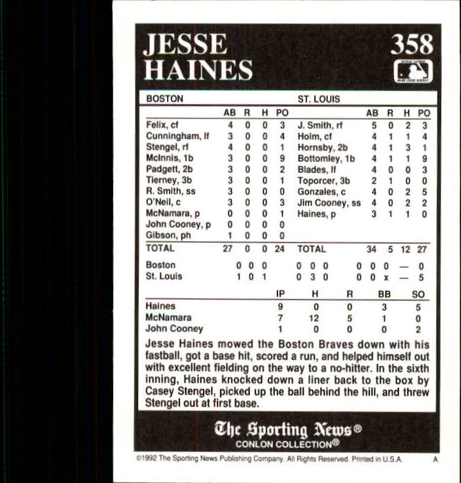 1992 Conlon TSN #358 Jesse Haines back image