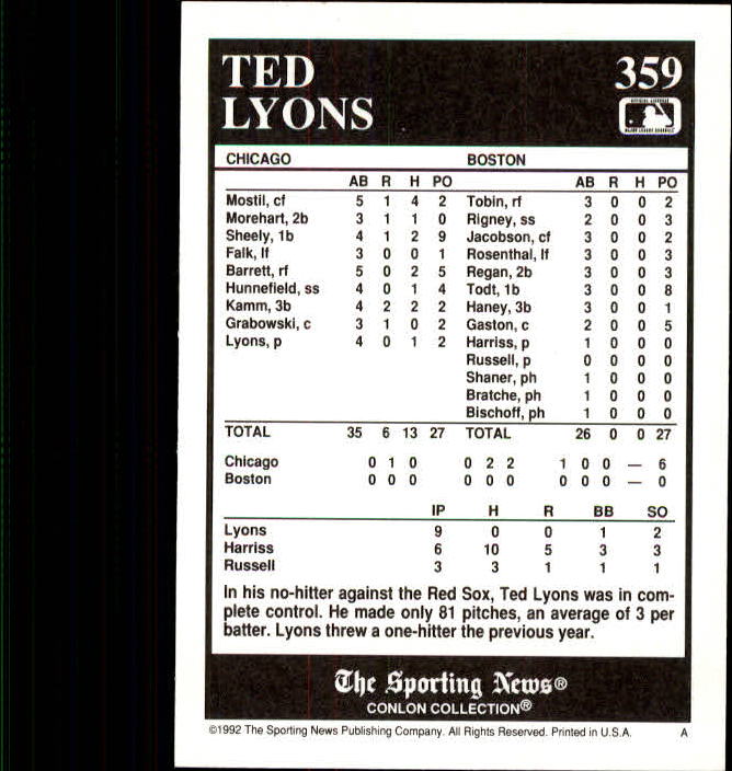 1992 Conlon TSN #359 Ted Lyons back image