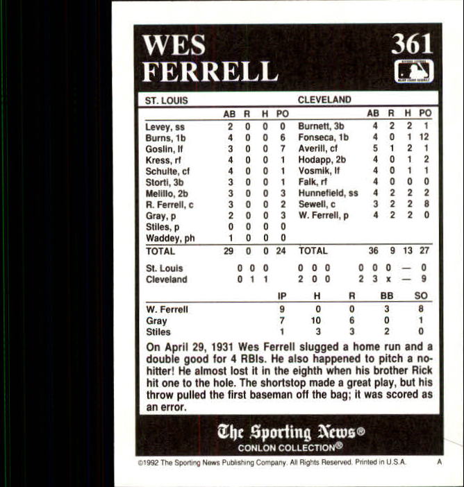 1992 Conlon TSN #361 Wes Ferrell back image
