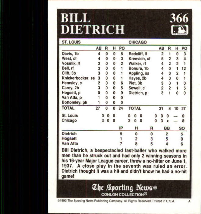 1992 Conlon TSN #366 Bill Dietrich back image