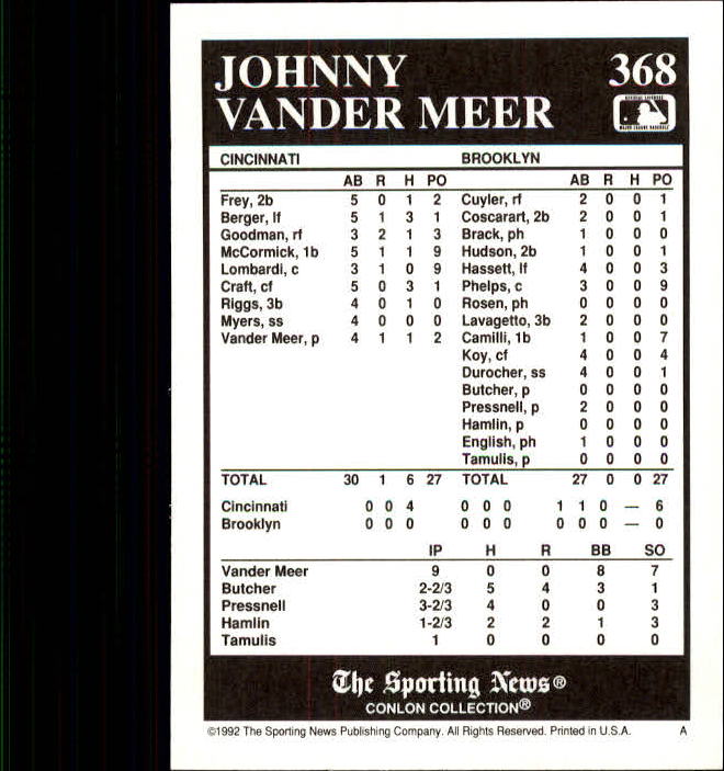 1992 Conlon TSN #368 Johnny VanderMeer back image