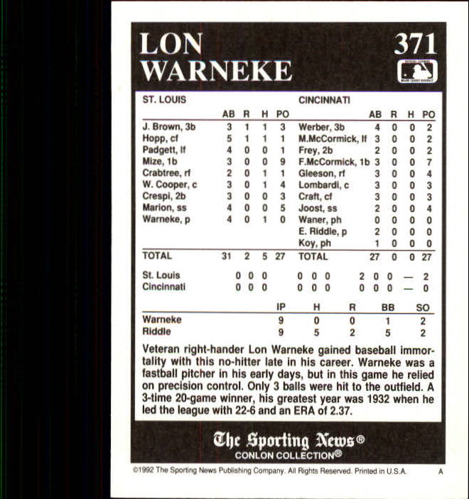 1992 Conlon TSN #371 Lon Warneke back image