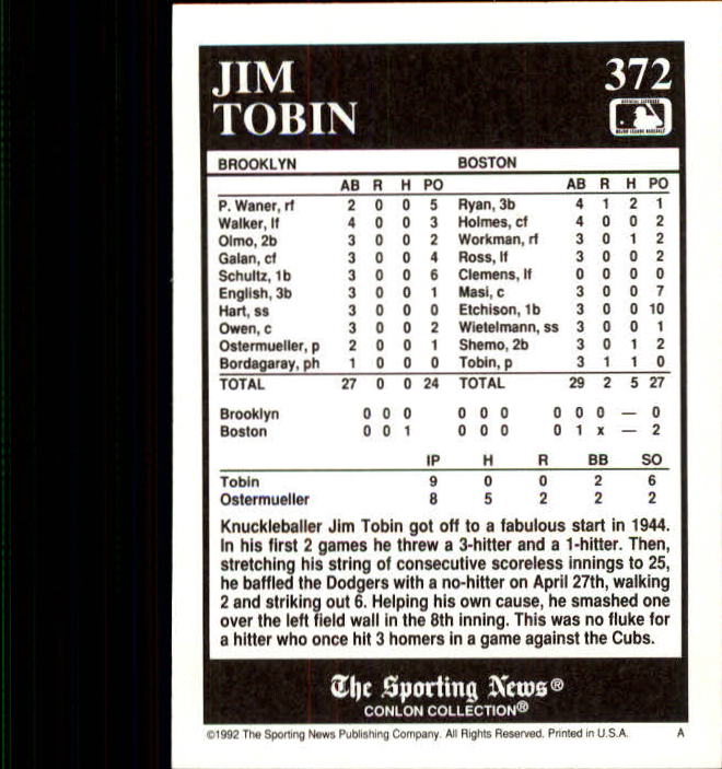 1992 Conlon TSN #372 Jim Tobin back image