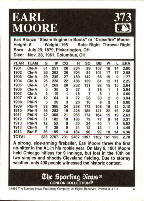 1992 Conlon TSN #373 Earl Moore back image