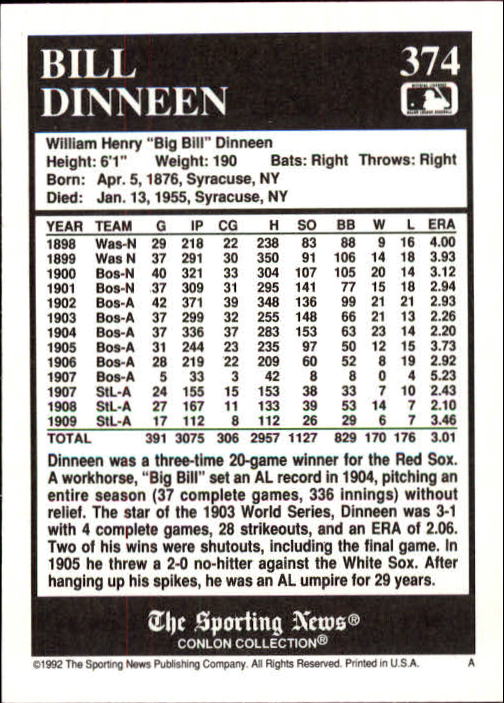 1992 Conlon TSN #374 Bill Dineen back image