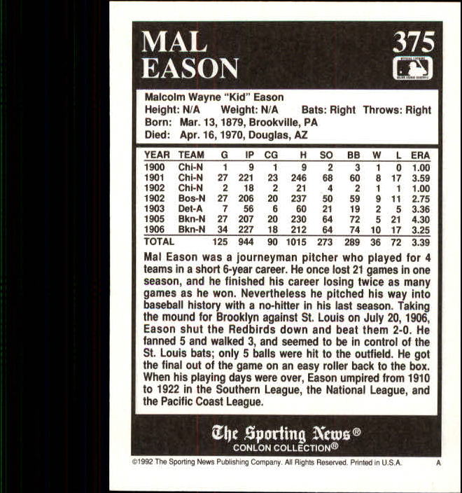 1992 Conlon TSN #375 Mal Eason back image